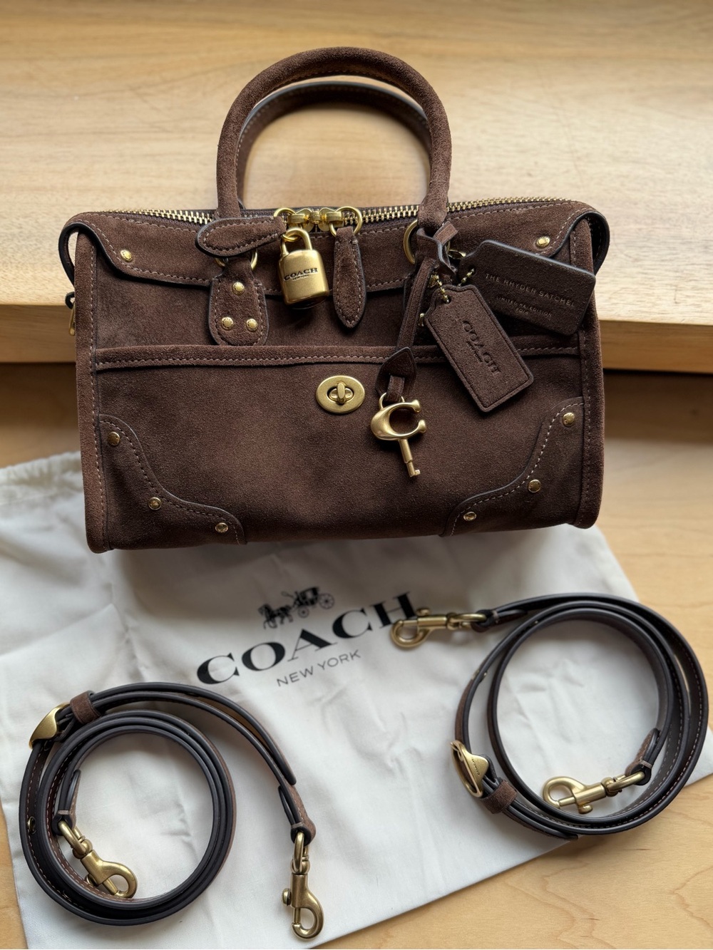 Coach Rhyder Satchel Bag 24 Brown Suede with Signature Charm and Lock